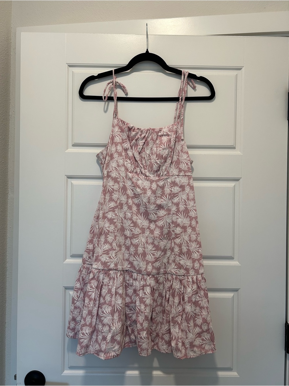 Lulu's Blush Pink Palm-Print Tie-Shoulder Mini Dress